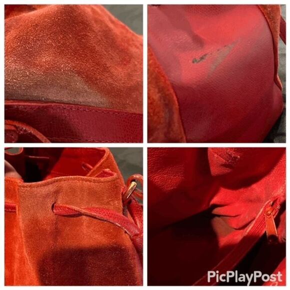 Authentic Vintage Courreges Red Suede Leather Draw String Bucket Bag Purse - Picture 6 of 16